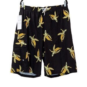 Rejork Mens Size XL Black Banana Print Elastic Waist Swimwear Board Shorts